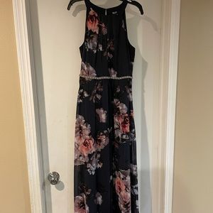SLNY women size 10 navy with flowers full length dress. Worn once.